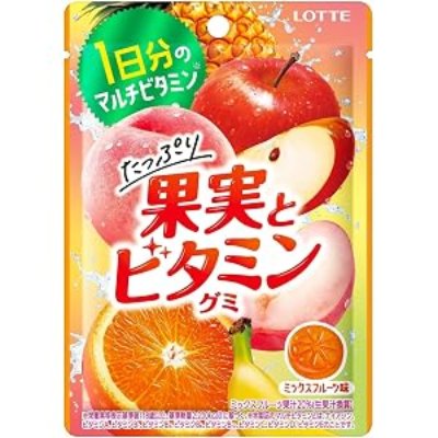 Front of a Lotte gummy candy package showing fruit illustrations and Japanese product text.