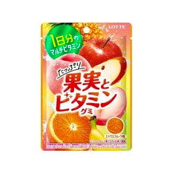 Front photograph of a Lotte gummy candy package showing fruit illustrations and Japanese product text.