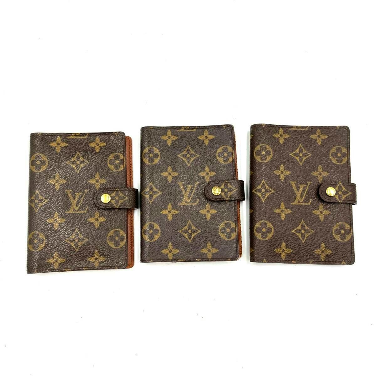 Three Louis Vuitton monogram canvas agenda PM covers arranged side-by-side on a white background.