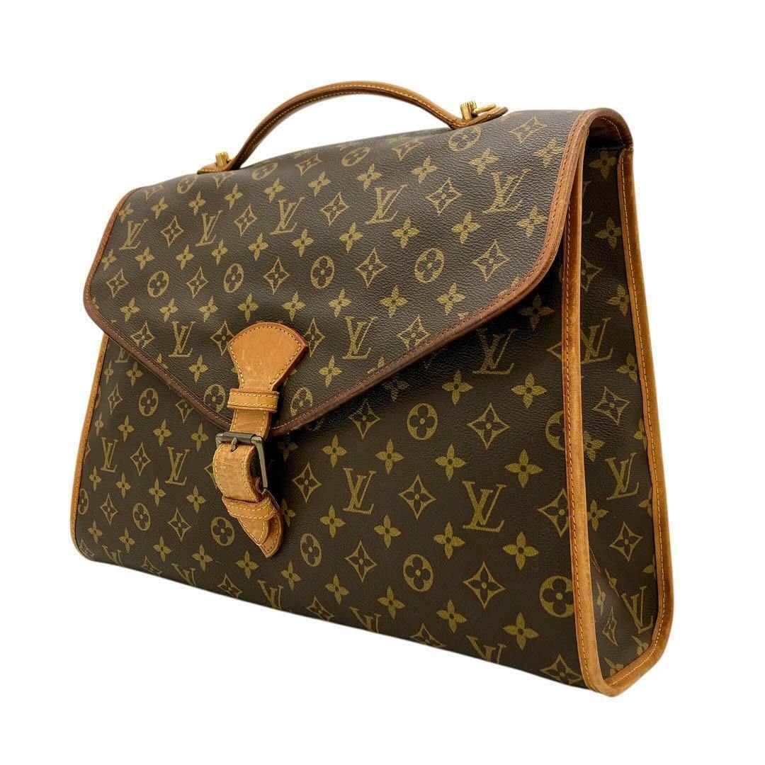 Front and side view of a Louis Vuitton monogram Beverly business handbag (M51121) in brown canvas with leather trim and top handle.