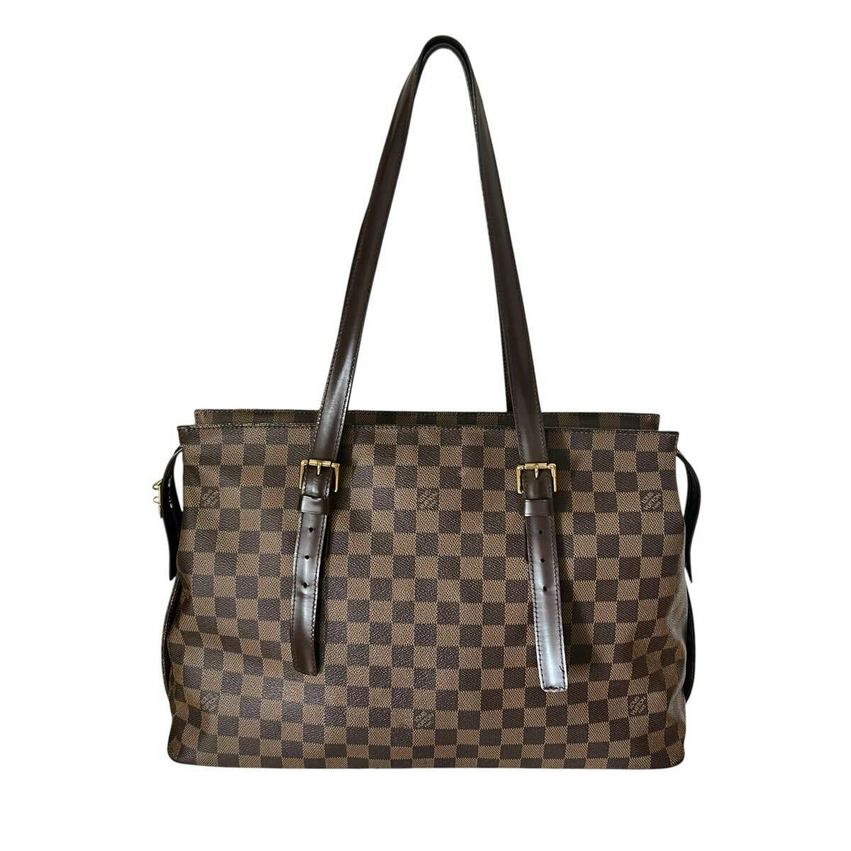 Front view of a Louis Vuitton brown Damier canvas Chelsea shoulder tote bag with dark brown straps.