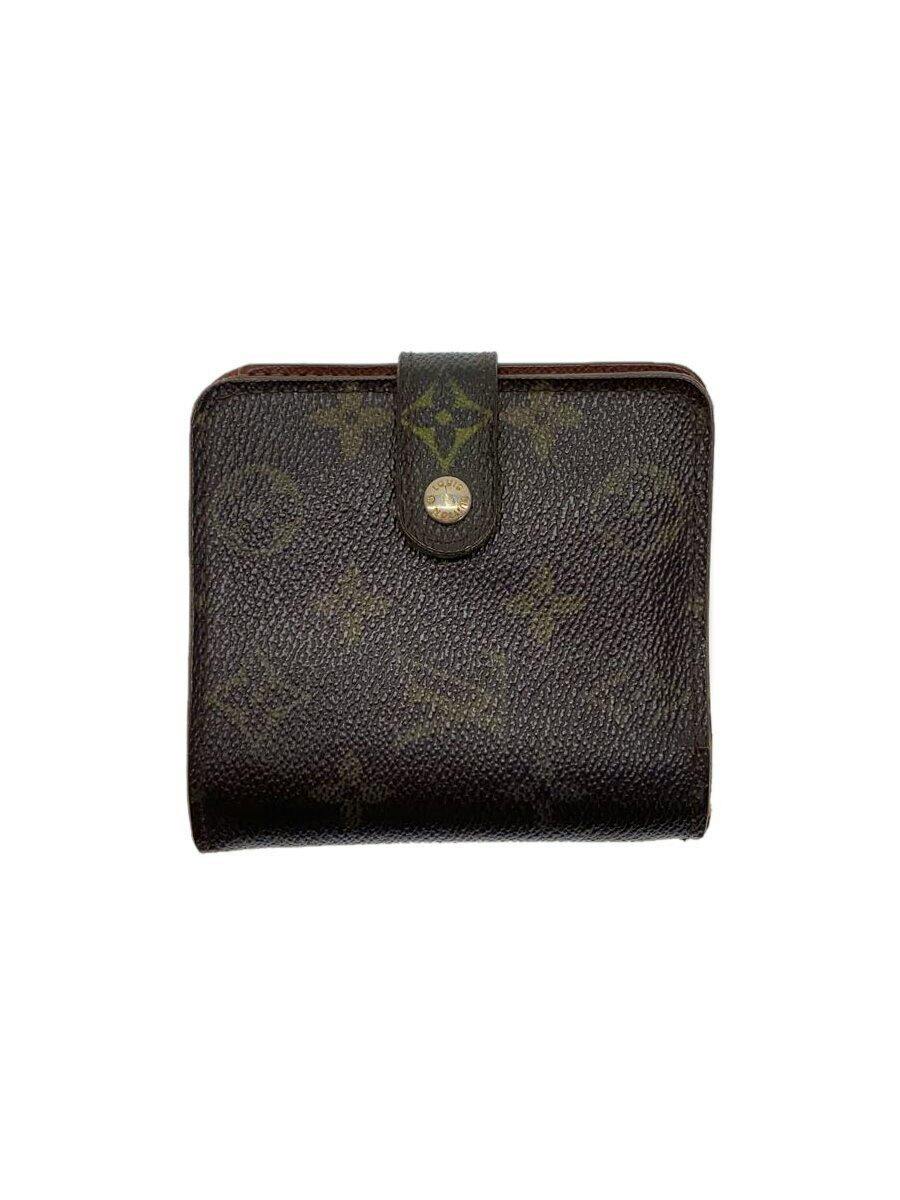 Front view of a brown Louis Vuitton monogram compact zip wallet with a snap-tab closure.