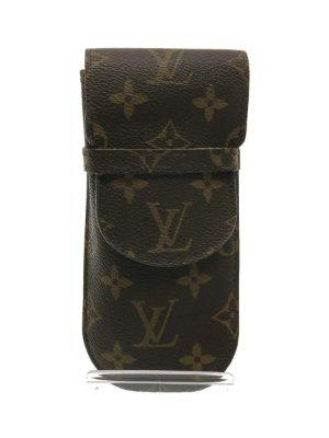 Front view of a brown Louis Vuitton monogram glasses case in cow leather.