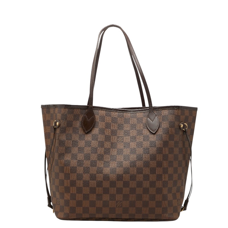 Brown Louis Vuitton Damier Neverfull MM tote bag with long shoulder straps shown on a white background.