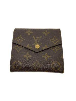 Front view of a brown LV Elise wallet in cow leather with monogram print, a flap, and a gold snap button.