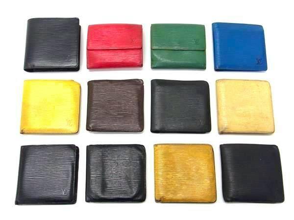 Twelve Louis Vuitton Epi leather wallets in various colors arranged on a white background.