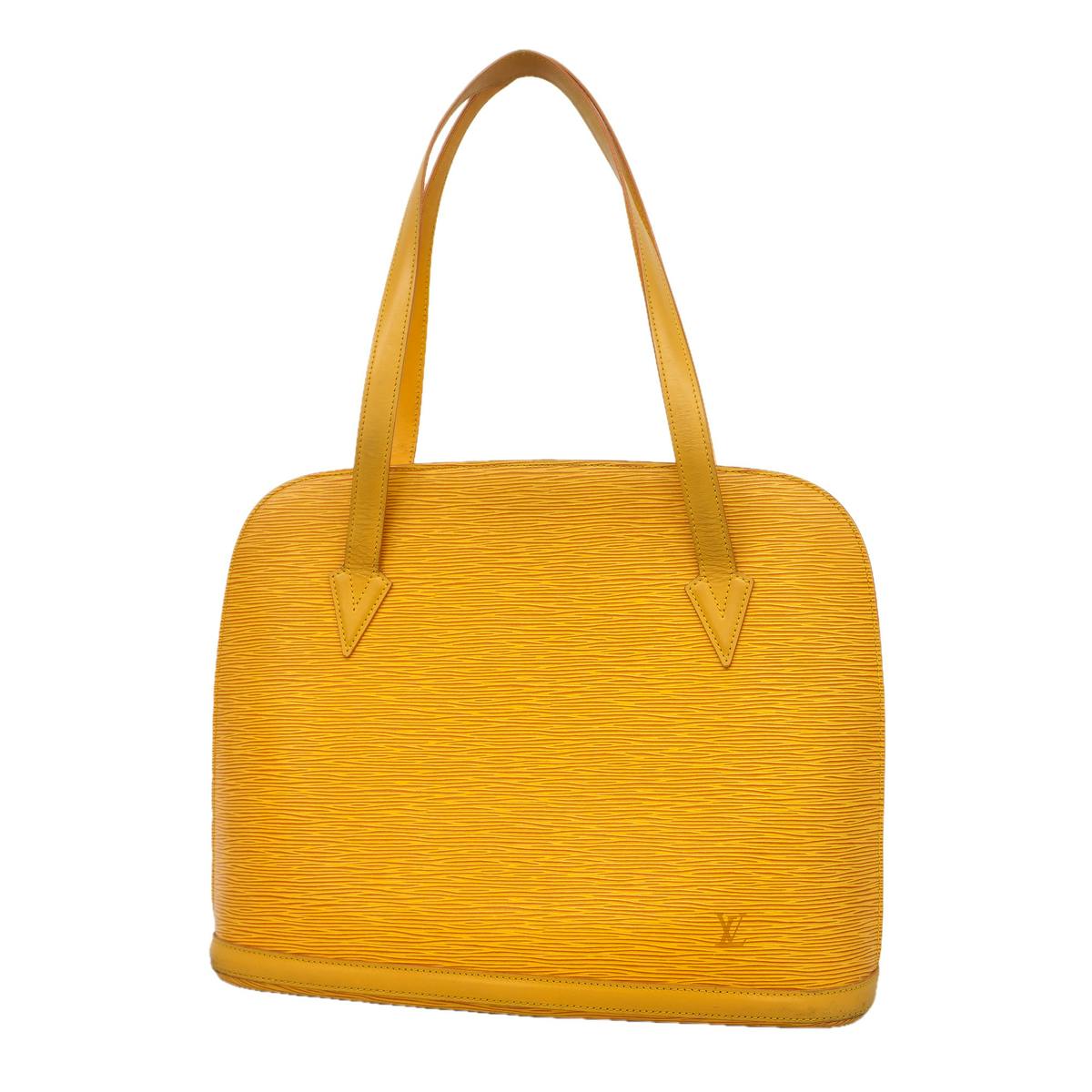 Front view of a yellow Louis Vuitton Epi leather shoulder bag with two top handles on a white background.