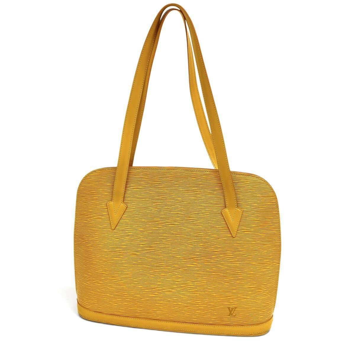 Yellow Louis Vuitton Epi tote bag with textured surface and long shoulder straps on a white background.