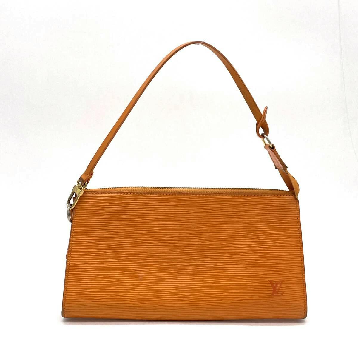 Front view of an orange Louis Vuitton Épi Pochette Accessoires accessory pouch with a single shoulder strap on a white background.