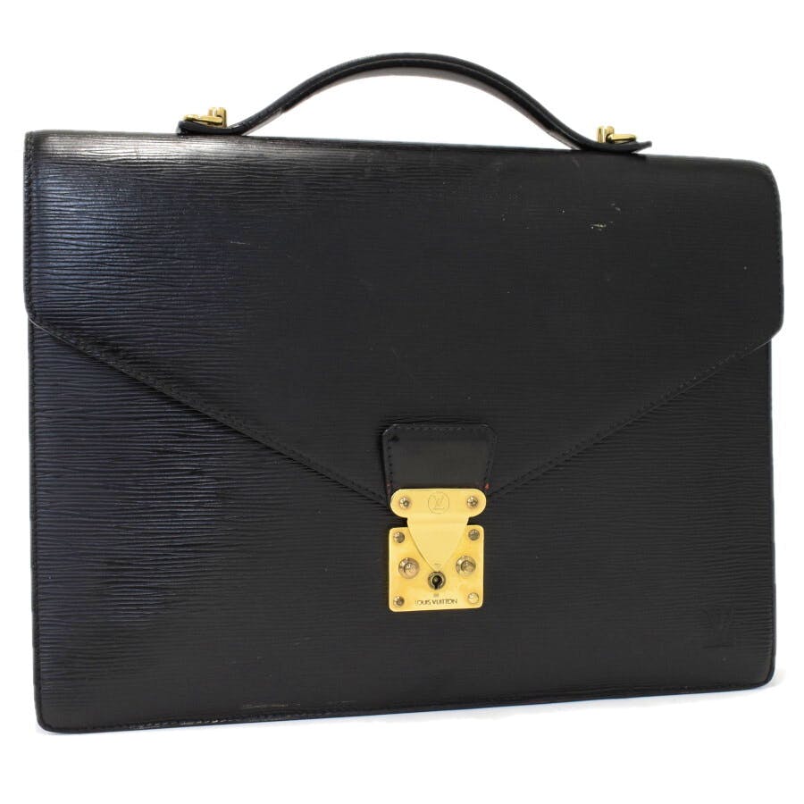 Front view of a black Louis Vuitton Epi leather briefcase with a top handle and gold-tone lock closure.