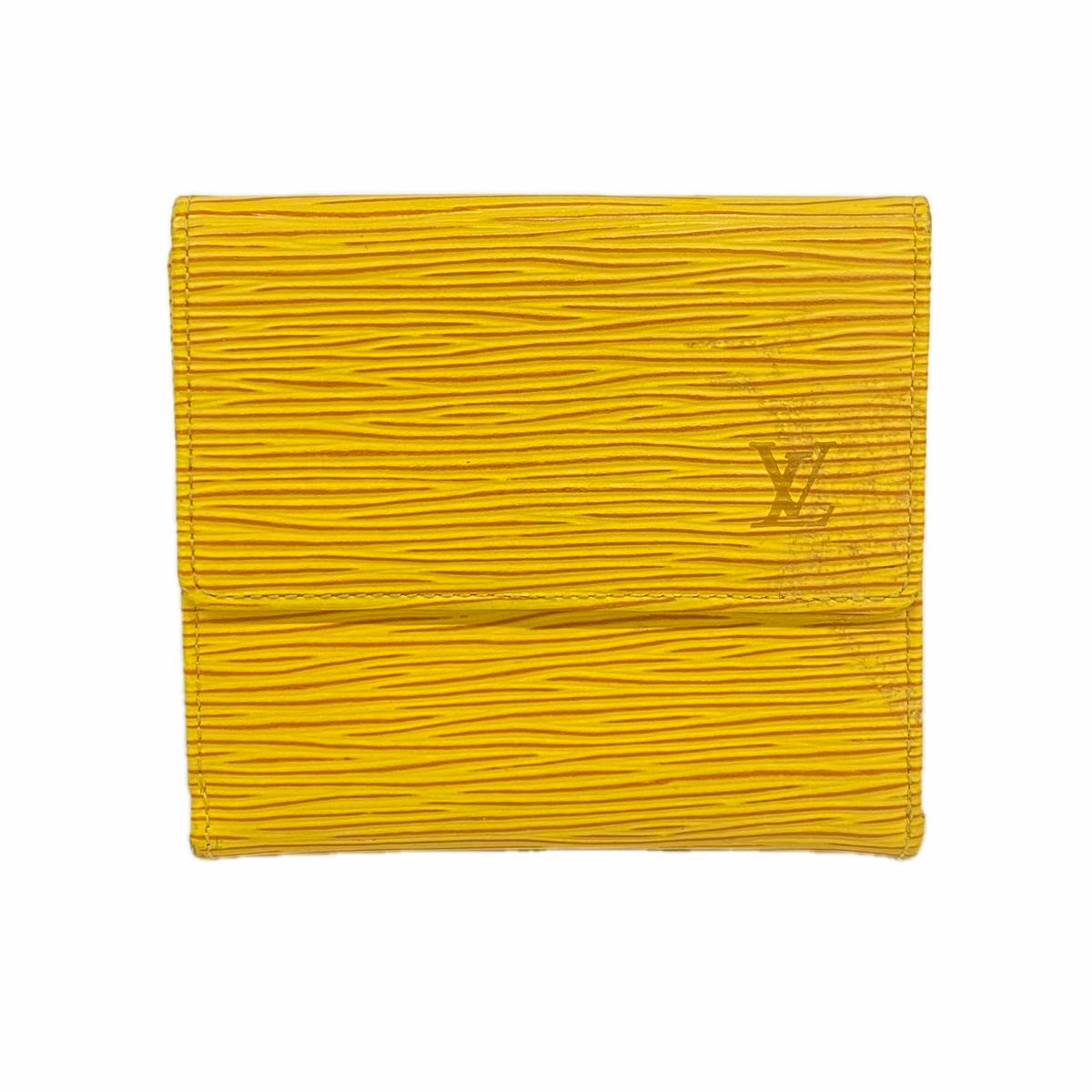 Yellow Louis Vuitton Epi tri-fold women's wallet shown closed on a white background.