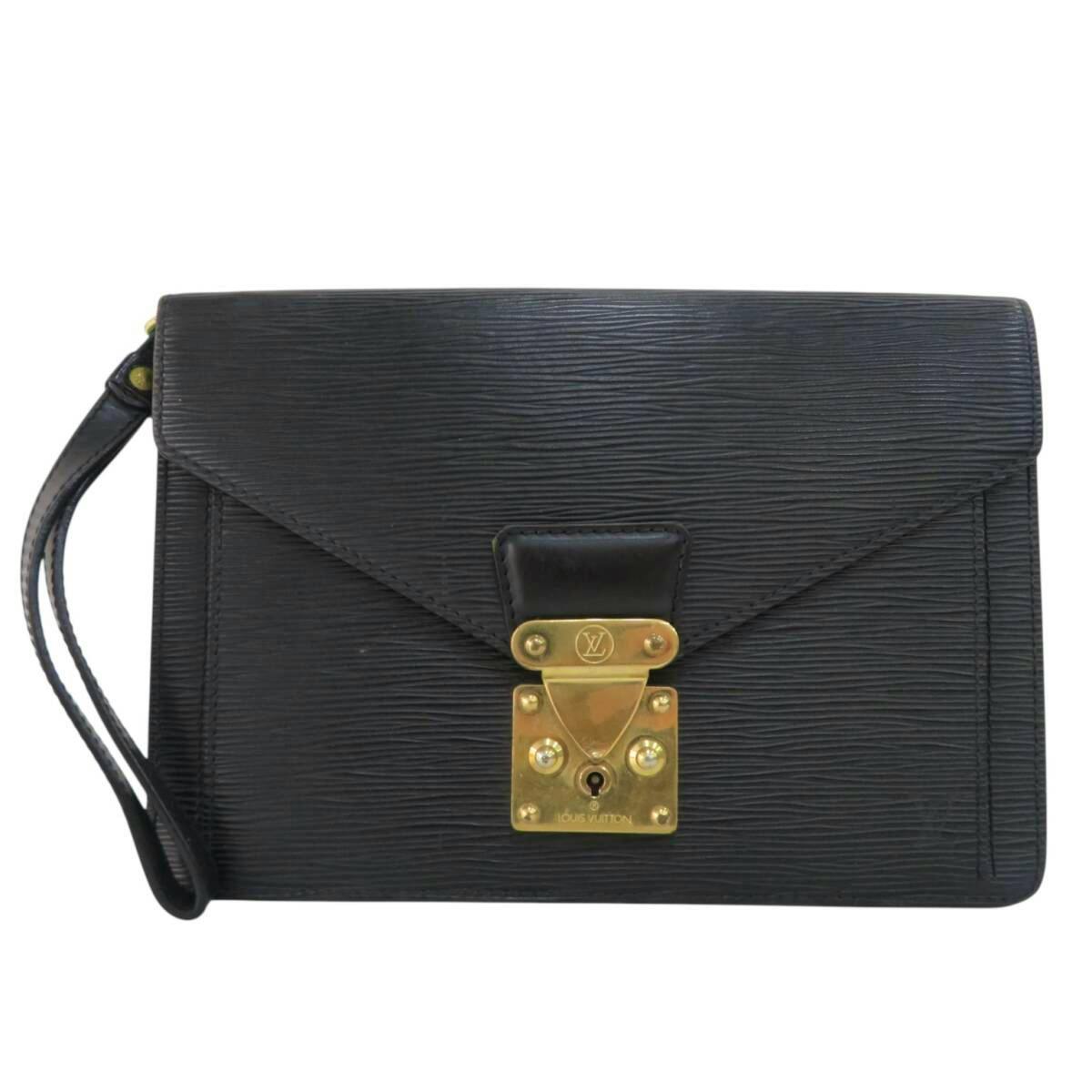 Front view of a Louis Vuitton Epi second clutch bag in black showing textured leather, a gold-tone lock, and a wrist strap.