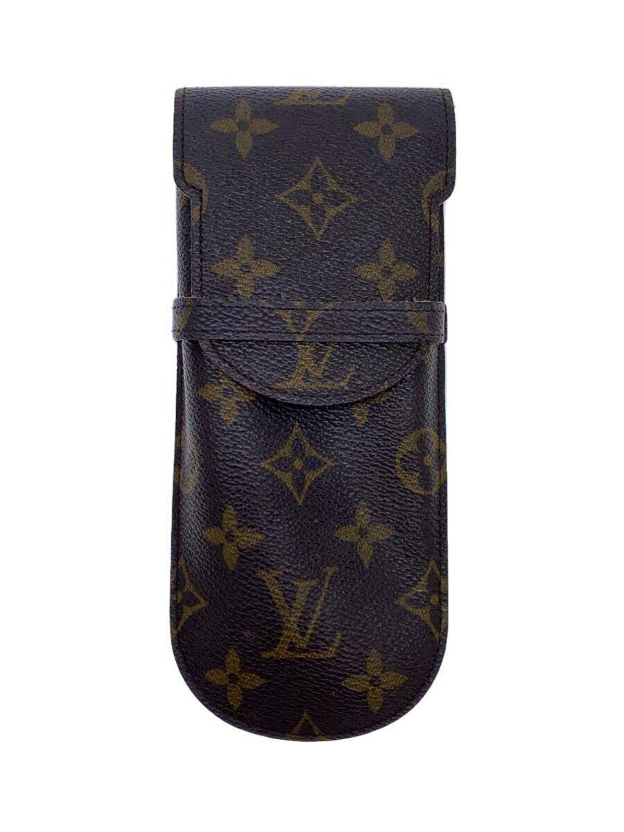 Front view of a brown Louis Vuitton monogram canvas eyeglass case with flap closure on a white background.
