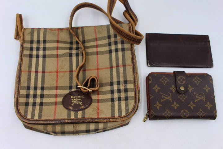 Three items on a white background: a Burberry check canvas shoulder bag, a Louis Vuitton monogram wallet, and a brown leather card holder.