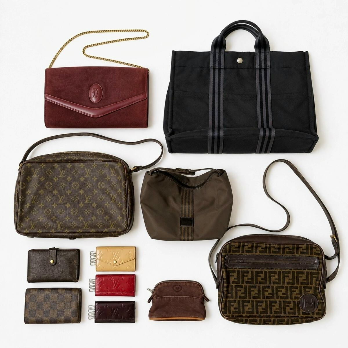 Flat lay of multiple bags and small leather goods including a black canvas tote, a Louis Vuitton monogram shoulder bag, a Fendi Zucca crossbody, a burgundy clutch, and several wallets arranged on a white background.