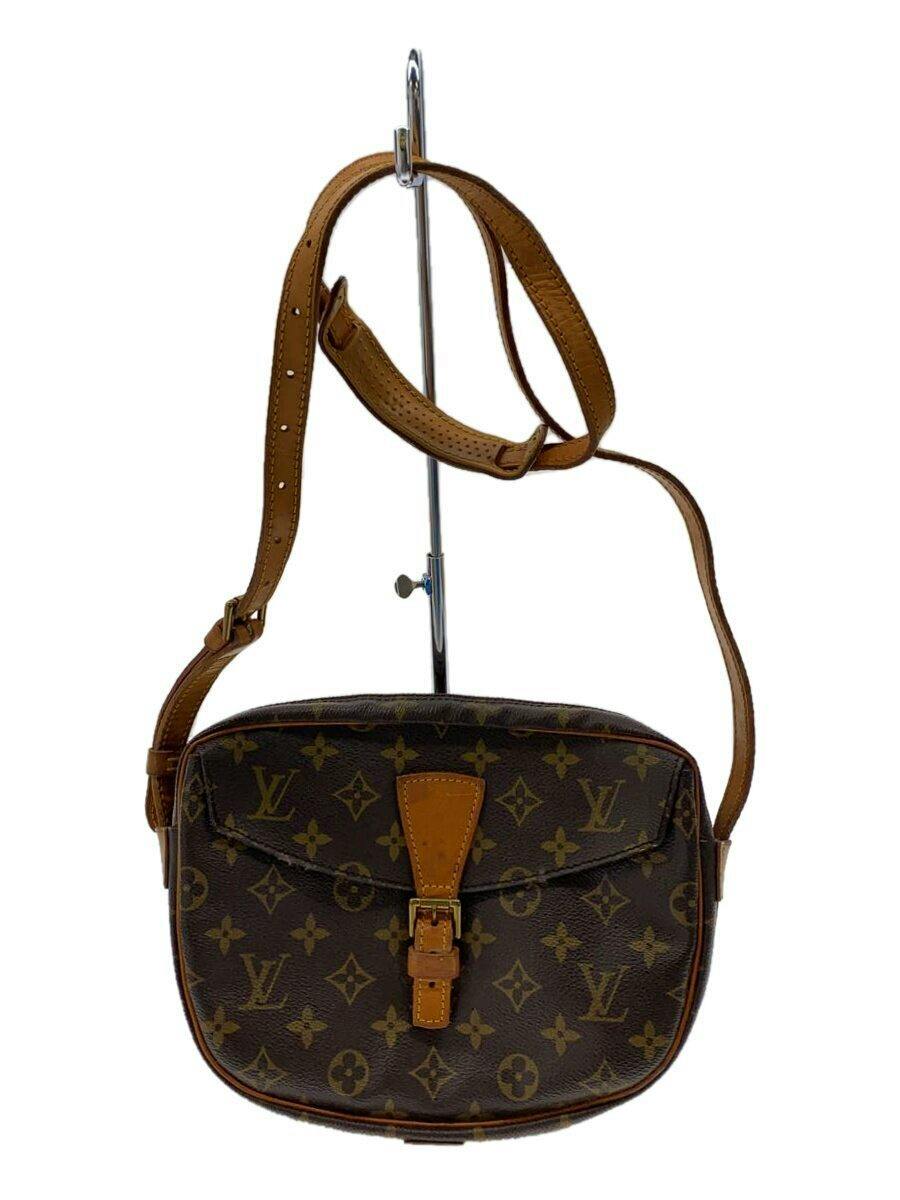Front view of the Louis Vuitton monogram canvas shoulder bag with leather strap and front buckle closure.