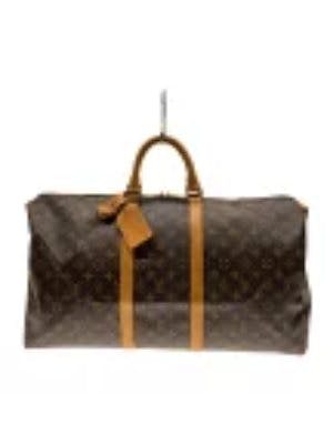 Louis Vuitton Keepall Bandoulière 45 monogram canvas travel bag with top handles and luggage tag.