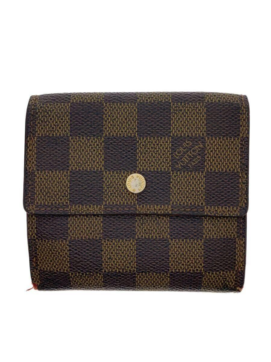 Front view of a brown Louis Vuitton Damier Ébène patterned wallet with a flap and gold snap button.