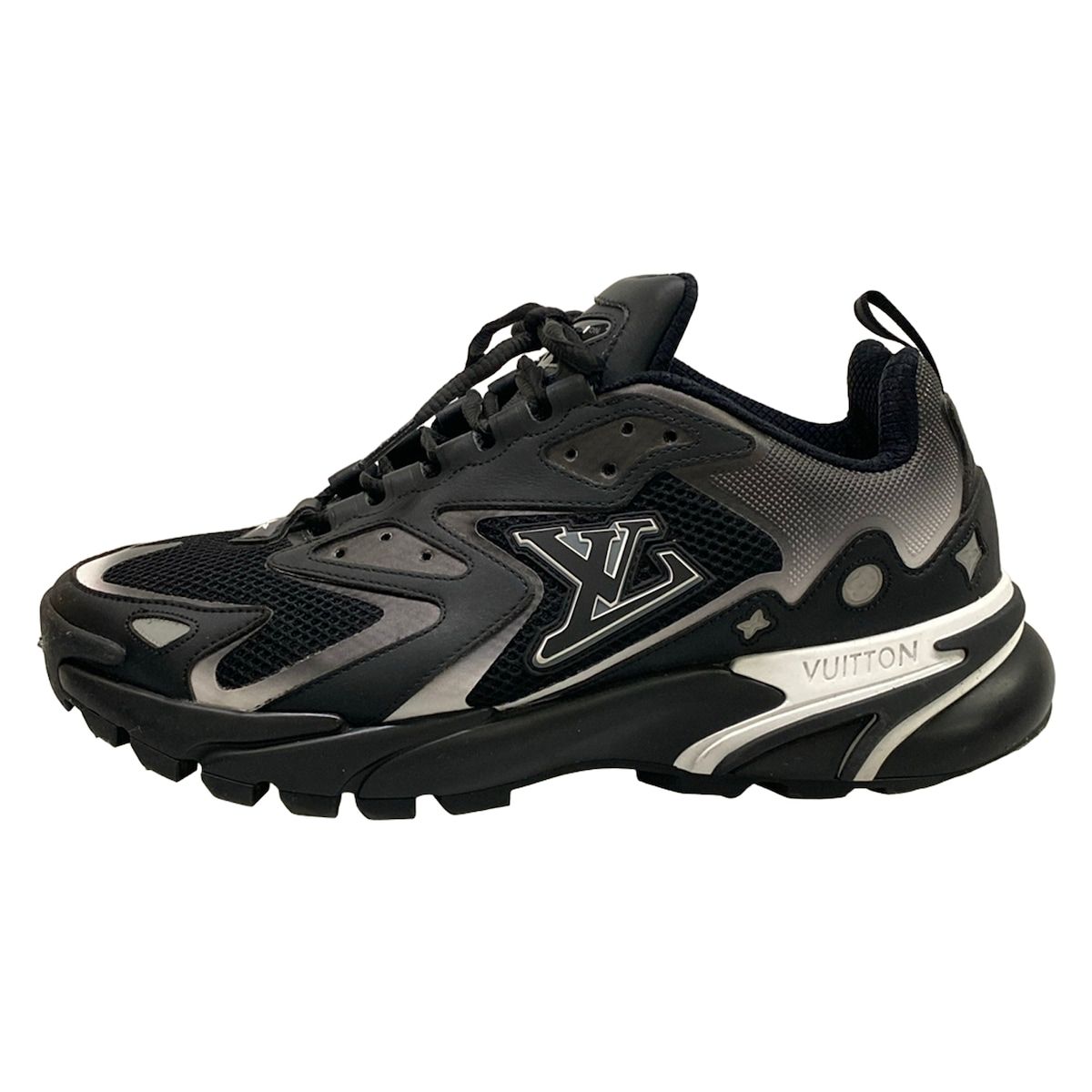 Black and light-gray Louis Vuitton men's Tactic Runner sneaker shown in a side view.