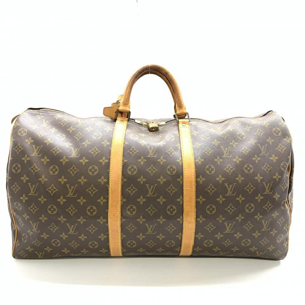 Front view of the LOUIS VUITTON M41422 monogram brown travel duffel bag with tan leather handles and gold hardware.