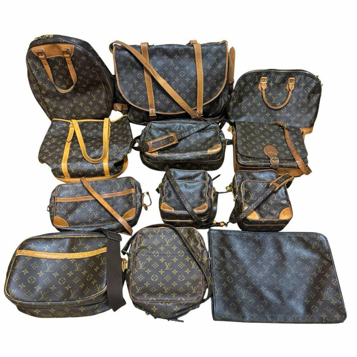 A collection of Louis Vuitton monogram shoulder bags and small pouches arranged together on a white background.