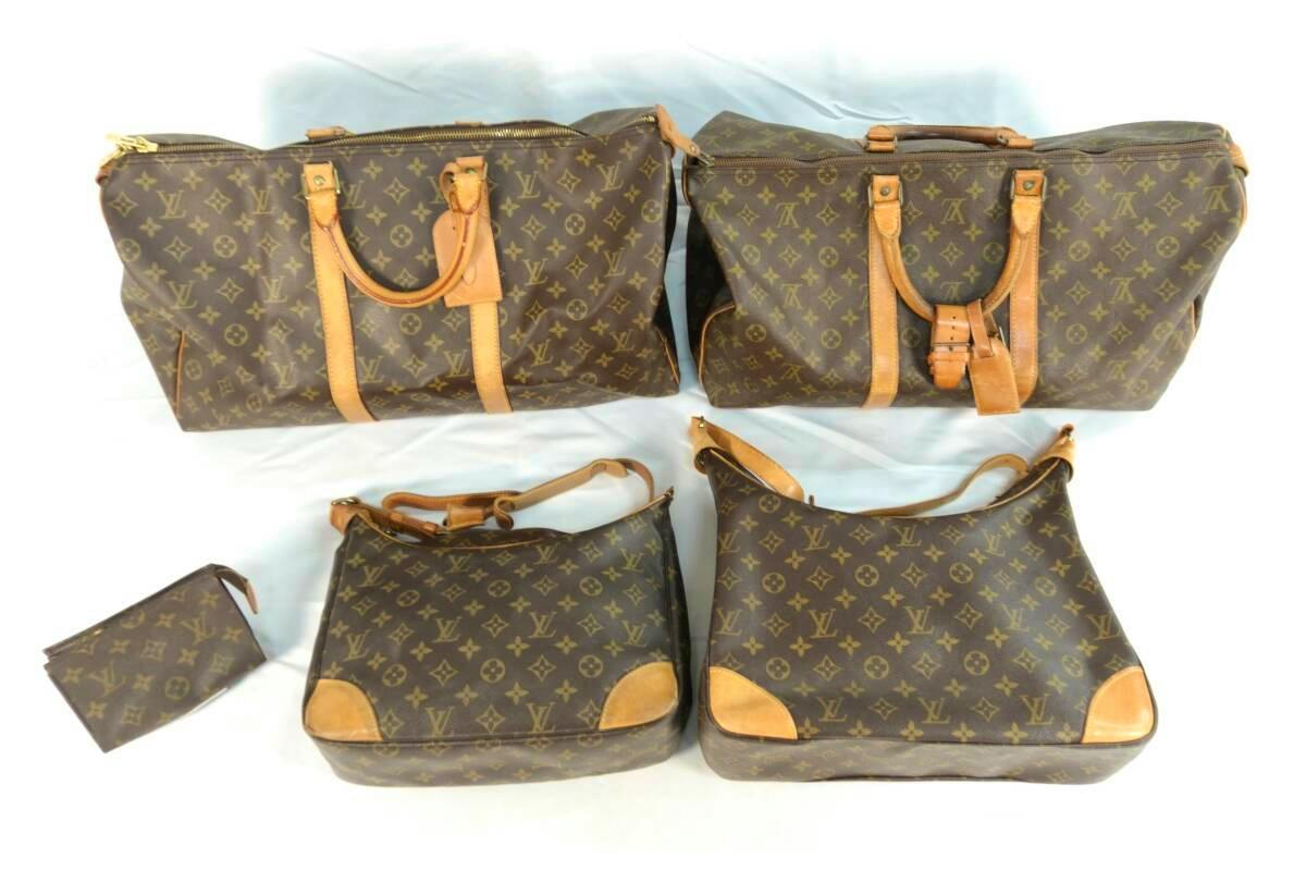 Five Louis Vuitton monogram canvas bags (two duffel bags, two shoulder bags, and a small pouch) displayed on a white background.