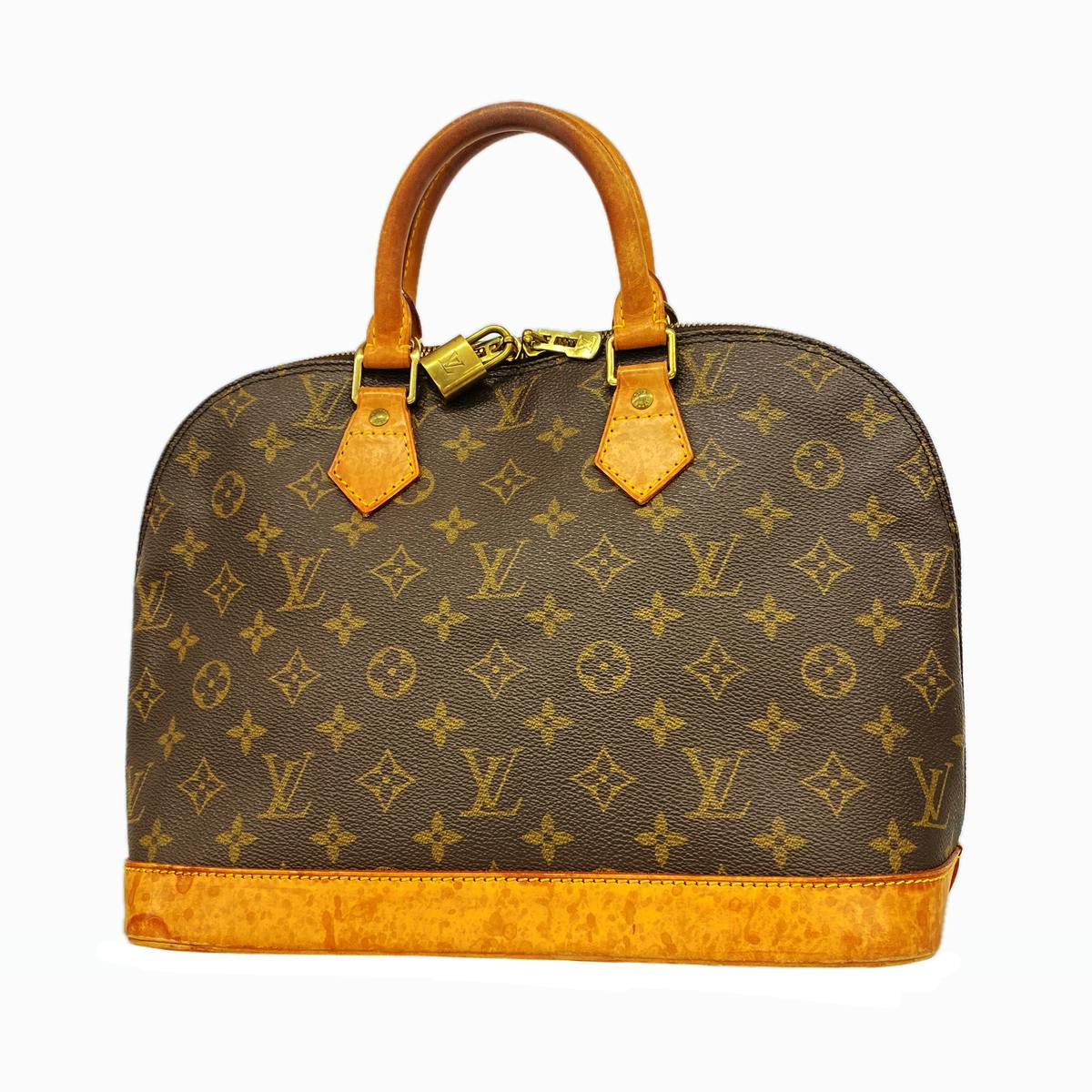 Front view of a brown Louis Vuitton Monogram Alma M51130 handbag with top handles and leather trim.