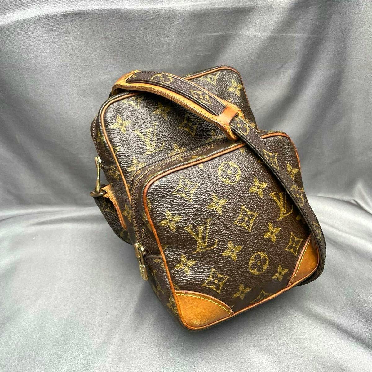Louis Vuitton Monogram Amazon M45236 shoulder/crossbody bag with leather trim photographed on a gray backdrop.