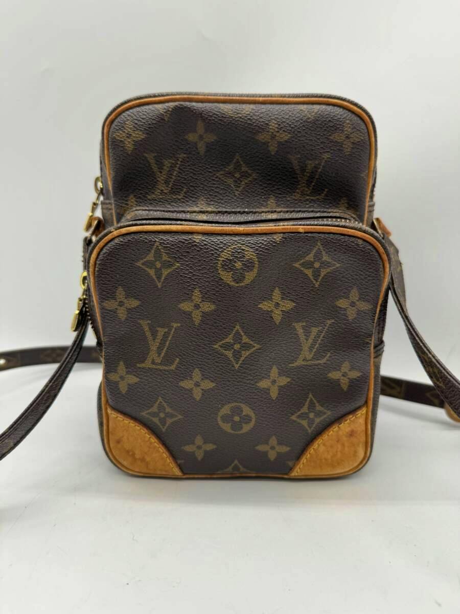 Front view of a Louis Vuitton Monogram Amazon shoulder bag showing monogram canvas, leather trim, and shoulder strap.