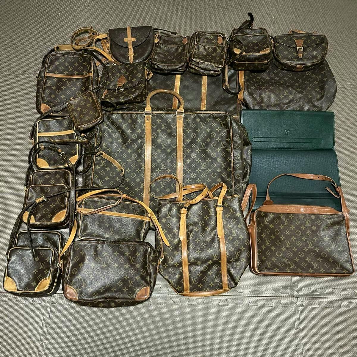 A flat lay of multiple Louis Vuitton monogram bags, pouches, and shoulder bags arranged together.