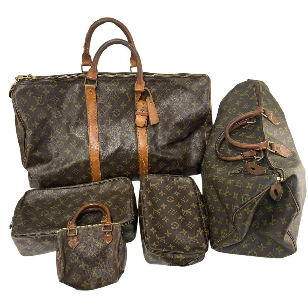 Several Louis Vuitton monogram canvas bags from the listing arranged together on a white background.