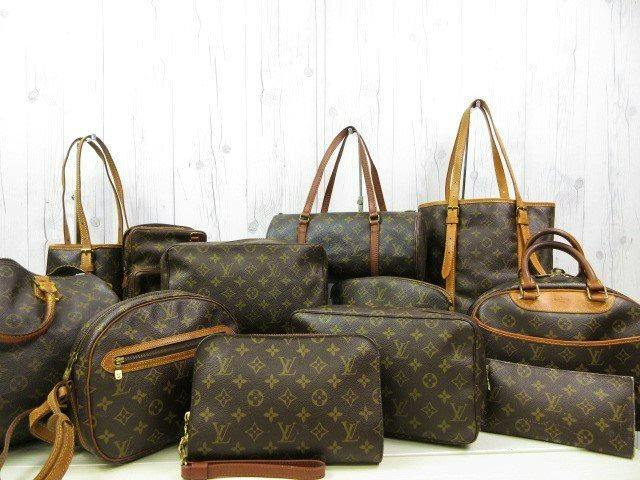 A group of Louis Vuitton monogram canvas handbags and pouches arranged together on a white background.