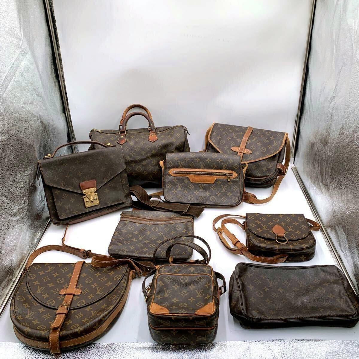 Nine Louis Vuitton monogram-pattern bags of various styles arranged on a white background (nine-piece lot).