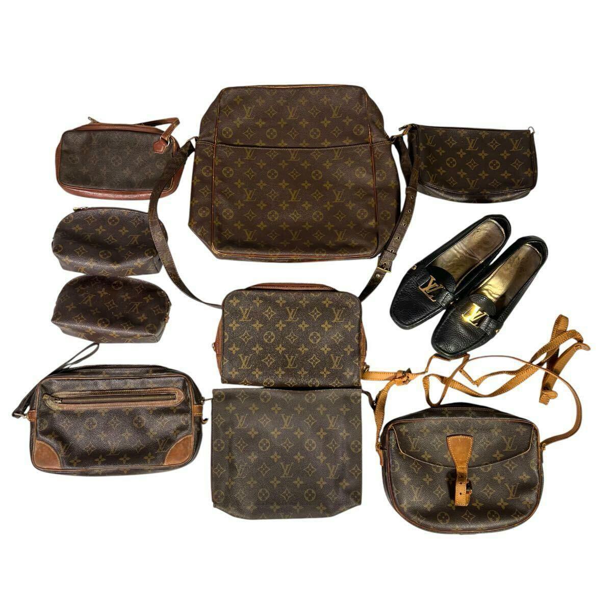 A flat lay showing multiple Louis Vuitton monogram bags and a pair of black Louis Vuitton loafers on a white background.