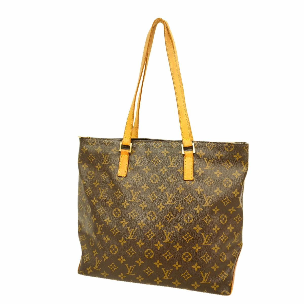 Front view of a Louis Vuitton Monogram canvas tote bag (Cabas Piano M51148) in brown with long leather shoulder straps.