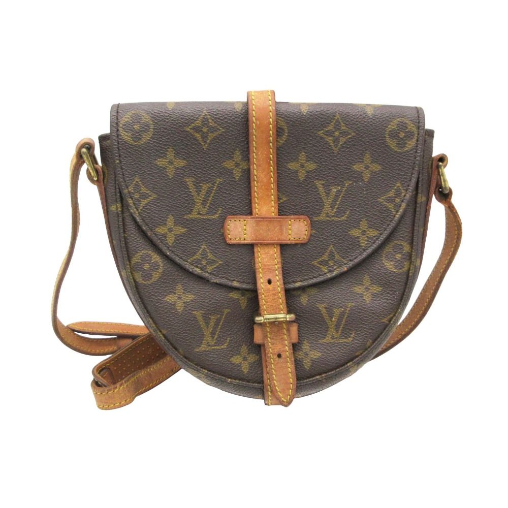 Front view of the Louis Vuitton Monogram Shanti PM brown crossbody shoulder bag with leather strap and buckle.