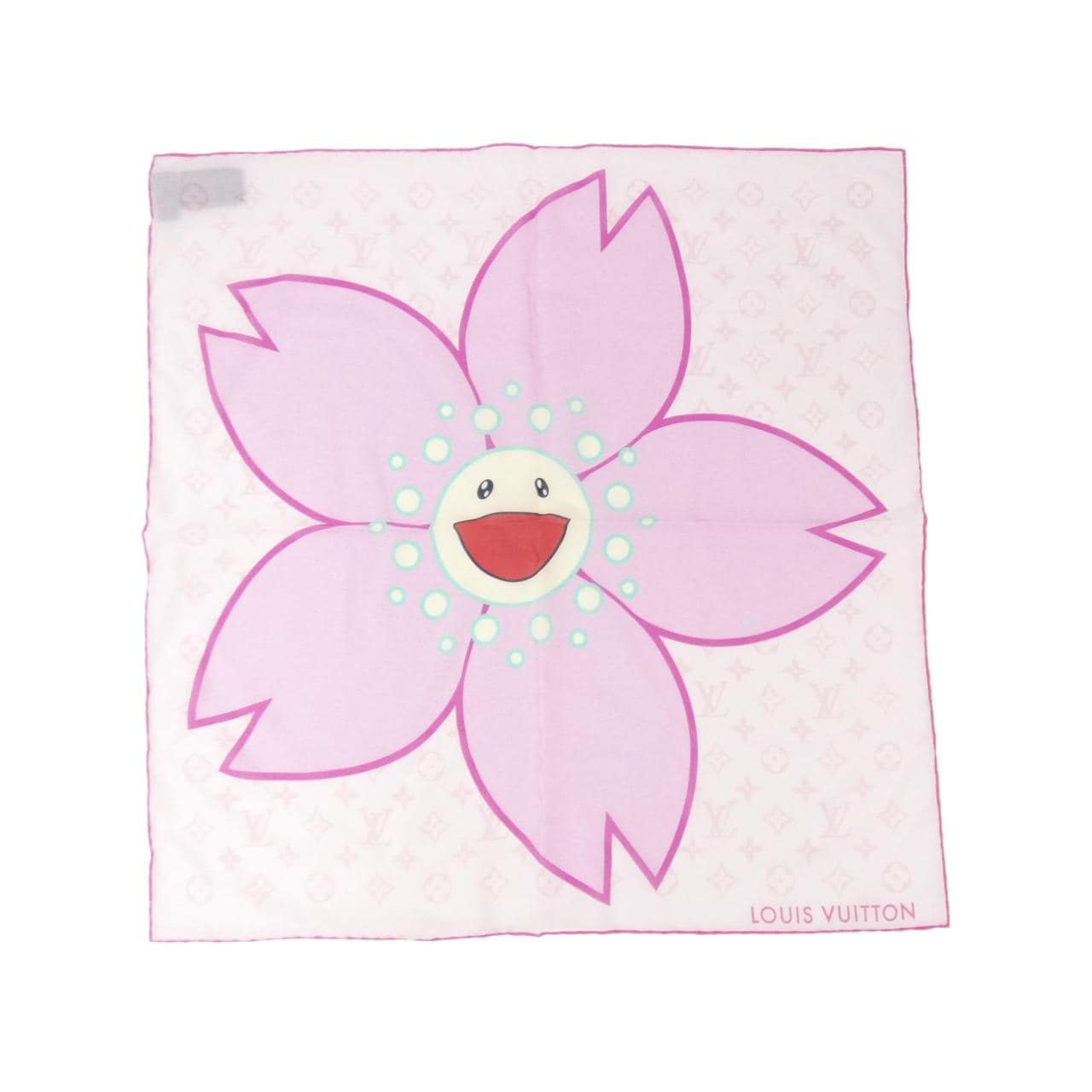 Flat pink Louis Vuitton Monogram Cherry Blossom silk scarf with a large cherry blossom face motif and 'LOUIS VUITTON' text in the corner.
