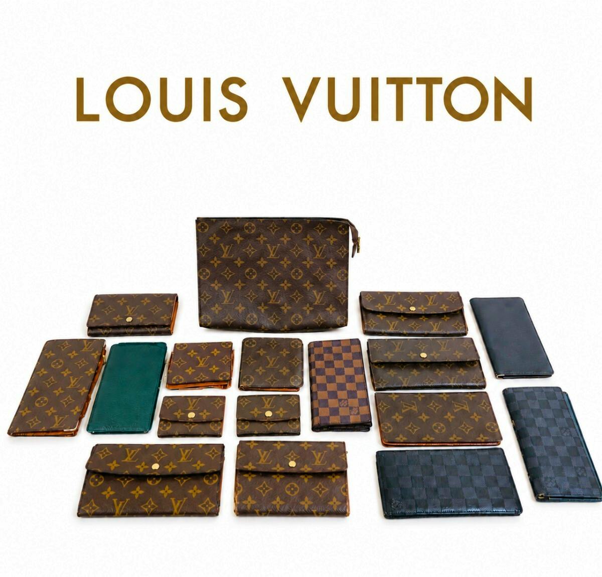 Multiple Louis Vuitton wallets and pouches in monogram and Damier patterns arranged on a white background with the LOUIS VUITTON logo above.
