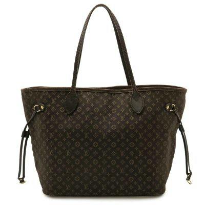 Front view of the brown Louis Vuitton Monogram Idylle Neverfull MM tote bag with side drawstrings.