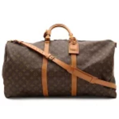 Front view of the Louis Vuitton Monogram Keepall Bandoulière 60 duffle bag with leather straps on a white background.
