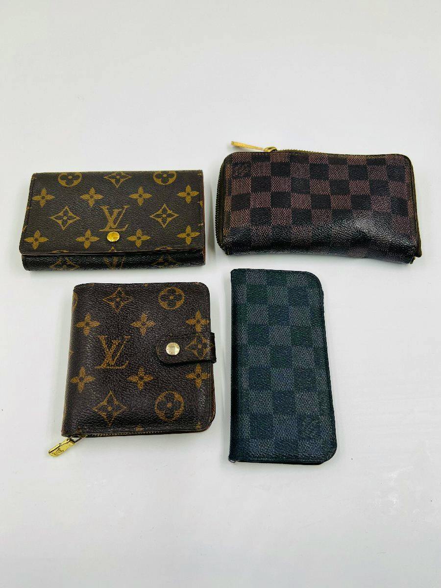 Four Louis Vuitton wallet-style items in monogram and Damier patterns arranged on a white background.