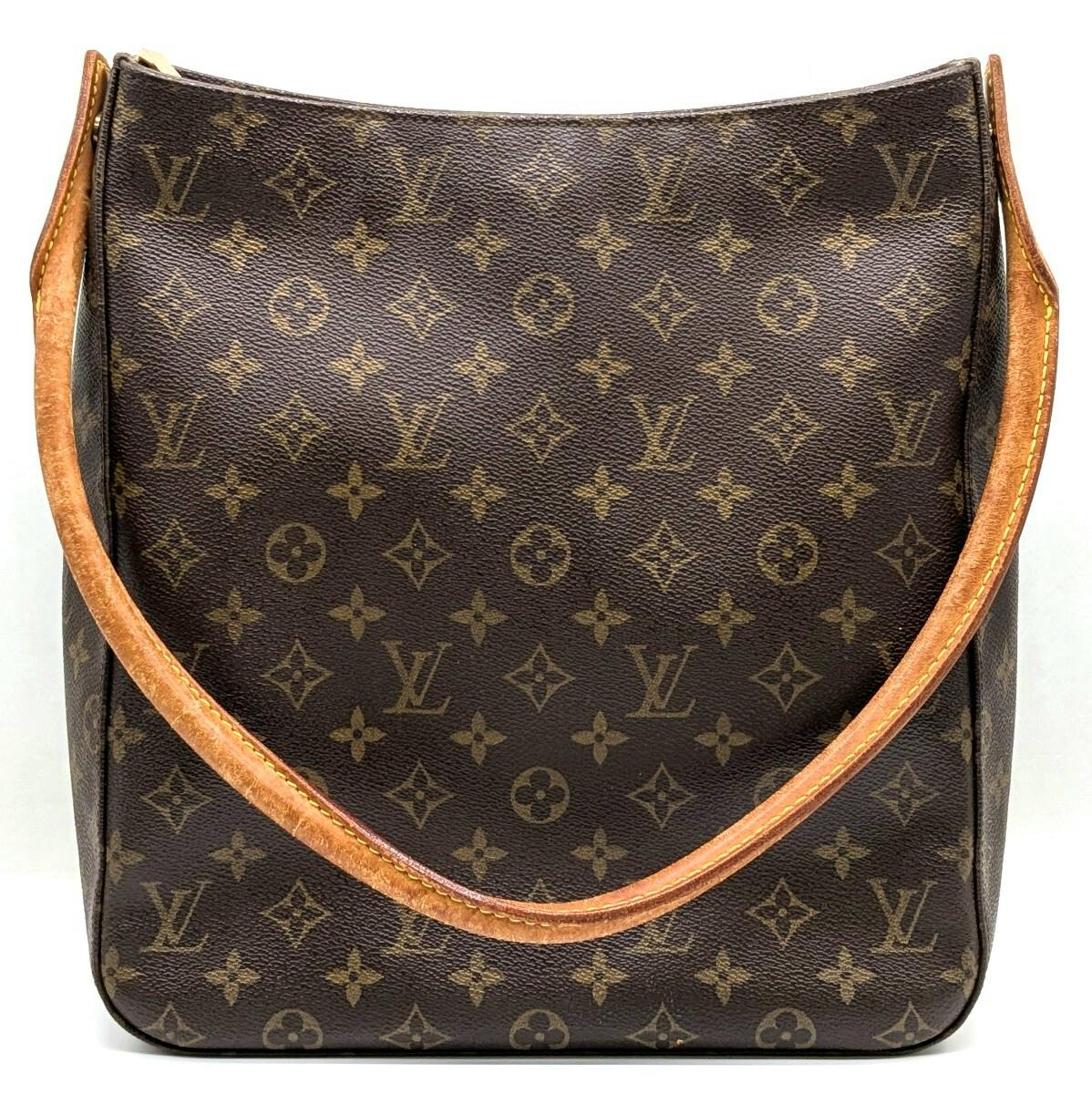 Front view of the Louis Vuitton Monogram Looping GM tote bag with a single leather shoulder strap and monogram canvas.
