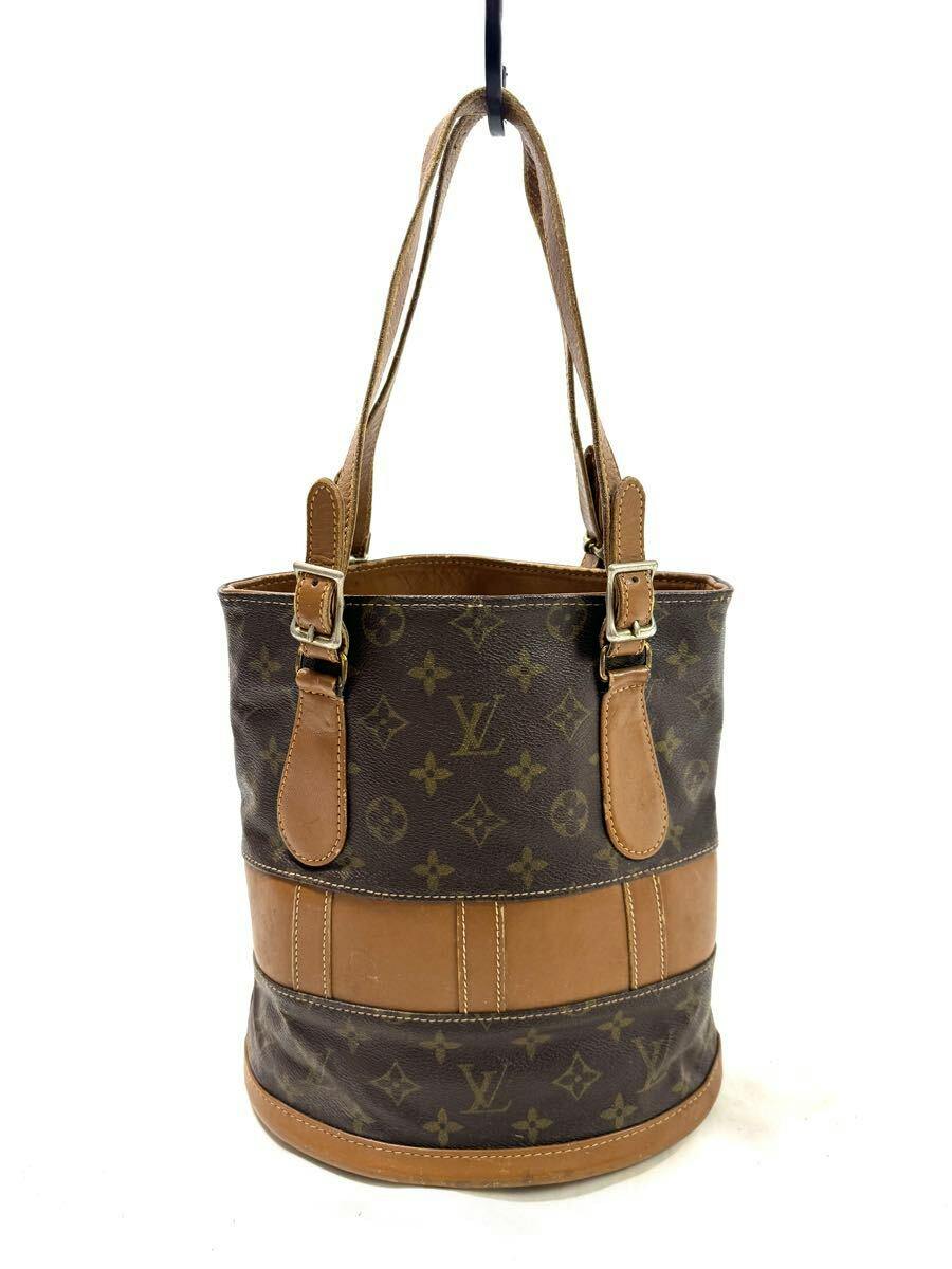 Front view of the Louis Vuitton Monogram Mini Petit Bucket PM tote/shoulder bag with leather trim on a white background.