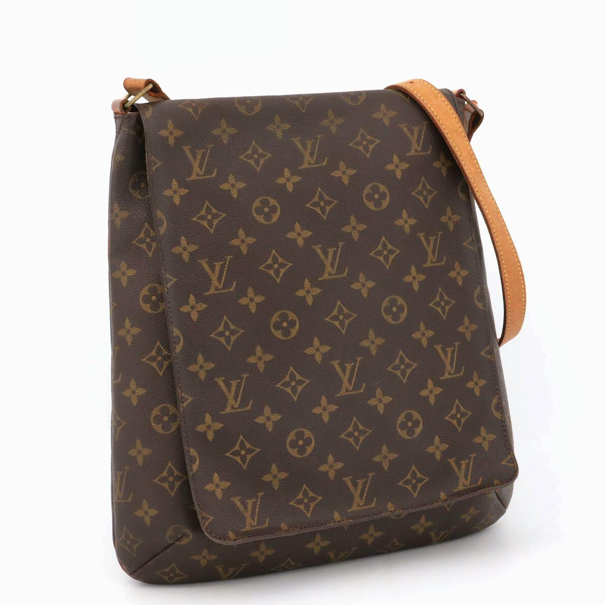 Front view of a brown Louis Vuitton Monogram Musette shoulder bag with the monogram canvas and a tan leather strap.