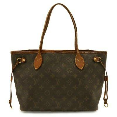 Front view of a Louis Vuitton Monogram Neverfull PM tote bag with leather handles on a white background.