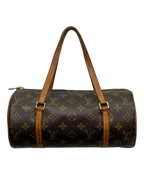 Front view of a Louis Vuitton Monogram Papillon 26 canvas bag with leather handles and a top zipper.