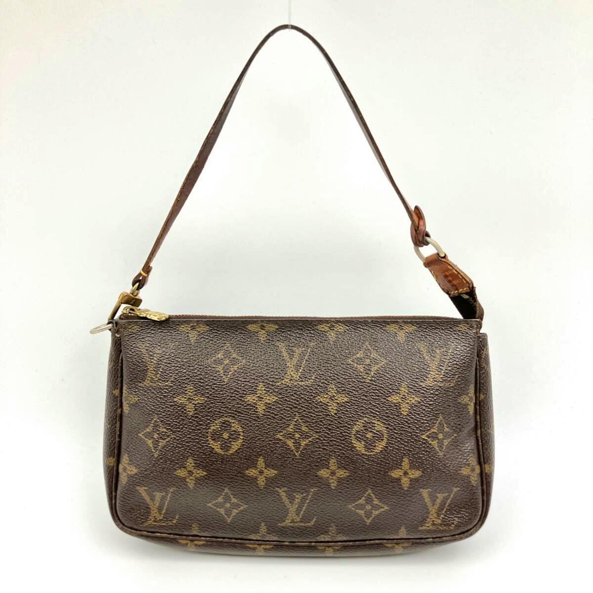 Front view of a LOUIS VUITTON monogram Pochette Accessoires handbag with a single shoulder strap.