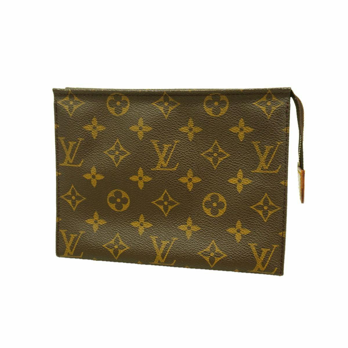 Brown Louis Vuitton Monogram Pochette Toilette pouch shown flat with the zipper pull visible on a white background.