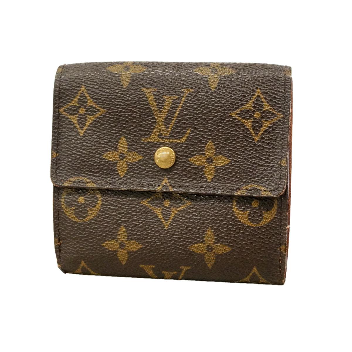 Front view of a brown Louis Vuitton Monogram tri-fold wallet with a snap-button closure.