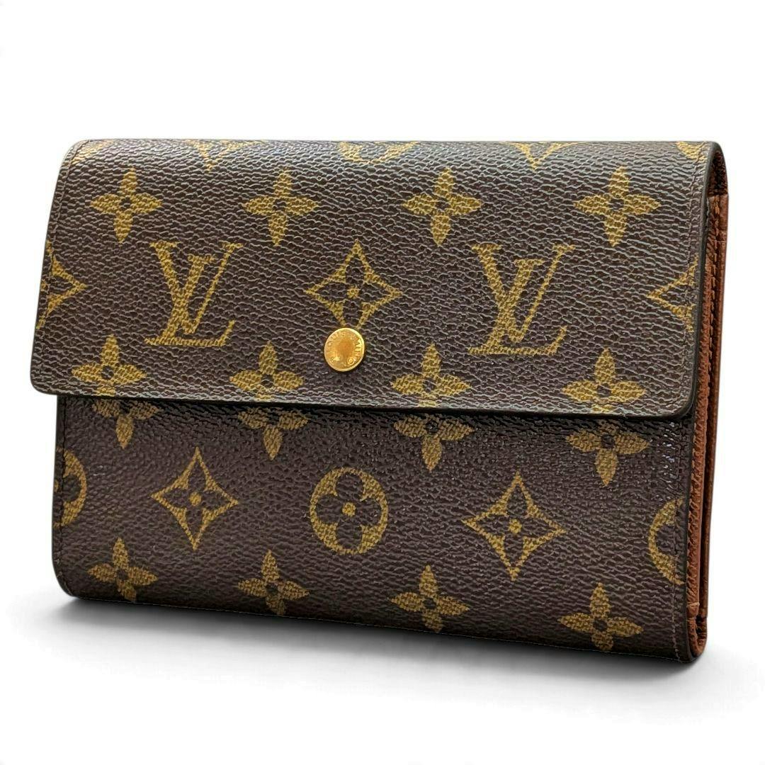 Closed Louis Vuitton Monogram Portefeuille Trésor Étui Papier folding wallet shown from a front-left angled view.